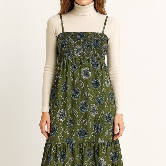 Zara Smocked Boho Lightweight Cotton Midi Tiered Floral Green Sundress Large - Picture 12 of 16